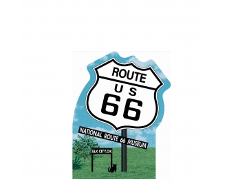 Route 66 sign by the National Route 66 Museum in Elk City, OK. handcrafted in 3/4" thick wood by The Cat's Meow Village in the USA.
