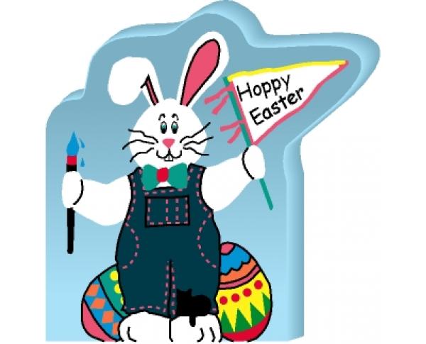 Hoppy Easter Bunny handcrafted of 3/4" thick wood by The Cat's Meow Village with colorful details on the front.