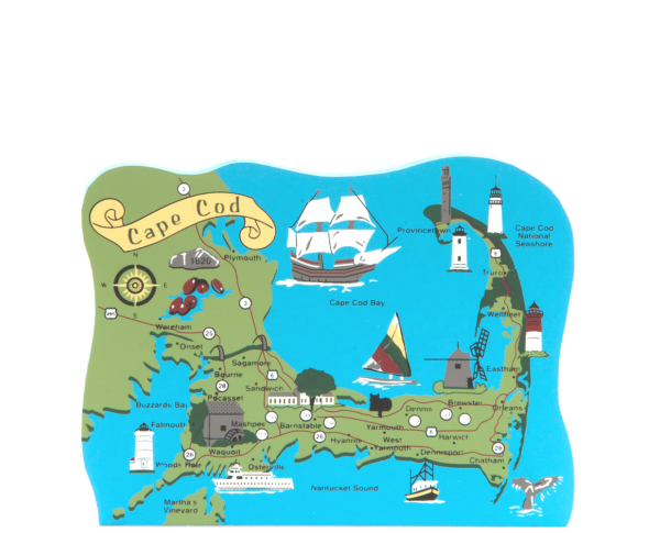 Map of Cape Cod, Massachusetts handcrafted in wood by The Cat's Meow Village.