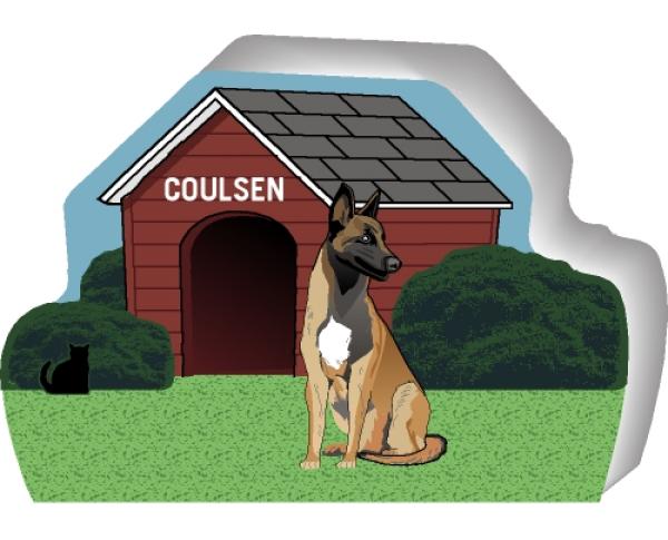 Cat's Meow shelf sitter of a Belgian Malinois you can personalize with your dog's name.