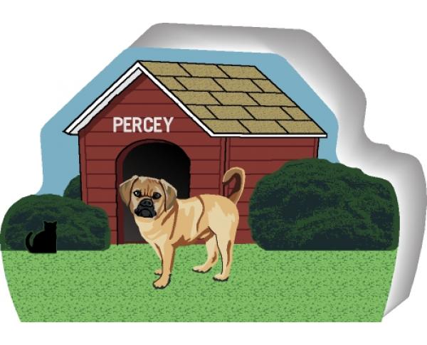 Cat's Meow shelf sitter of a Puggle you can personalize with your dog's name.