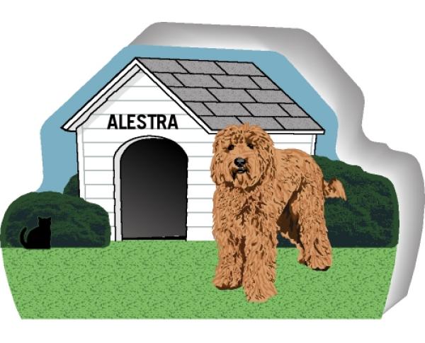 Cat's Meow Village handcrafted wooden shelf sitter of a Labradoodle you can personalize with your dog's name.