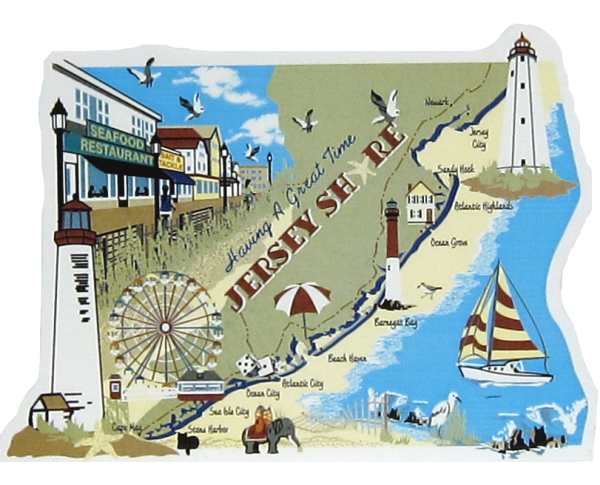 Map of the Jersey Shore handcrafted in wood by The Cat's Meow Village in the USA
