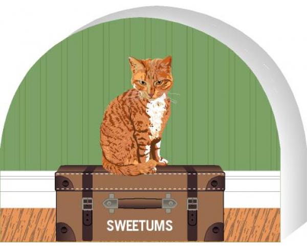 Cat's Meow shelf sitter of an Orange Tabby you can personalize with your cats name.