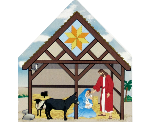 Handcrafted wooden shelf sitter of a Nativity Family featuring a Star Of Bethlehem quilt pattern created by The Cat’s Meow Village