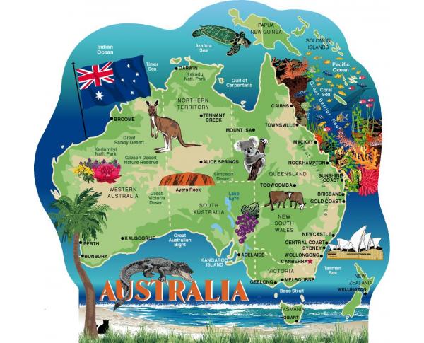 Cat's Meow wooden rendition of Australia showing major cities and features of this island-continent