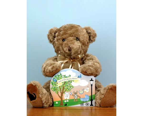 Create your own personalized baby announcement with our 3/4" thick wooden shelf sitter & get our ultra plush teddy, too. Made in the USA by The Cat's Meow Village