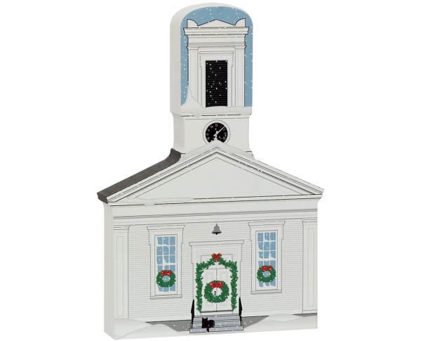 handcrafted wooden keepsake of Mystic Seaport Greenmanville Church, by The Cat's Meow Village.