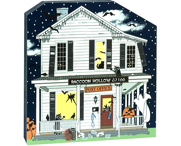 Hope your mail didn't get lost at the Raccoon Hollow Post Office! Handcrafted with glow-in-the-dark surprises by The Cat's Meow Village and made in the USA.