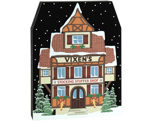 Vixen's Stocking Stuffer Shop adds a bit of whimsy to The Cat's Meow Village North Pole Collection. Made in the USA.