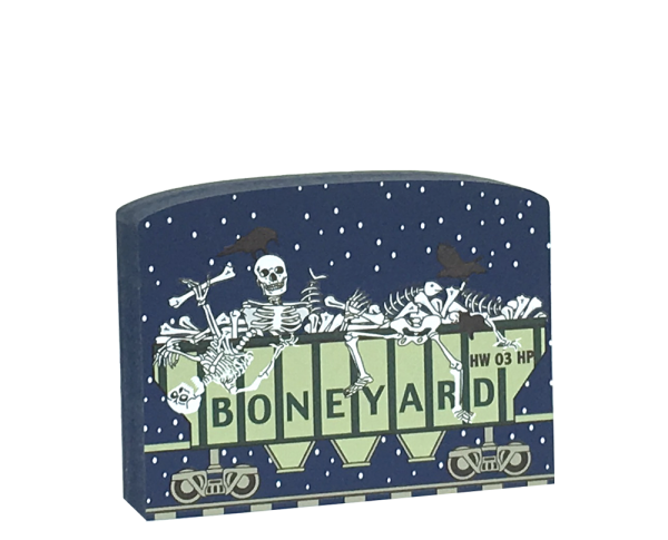 This Boneyard train car is part of a 5-piece Halloween train set. Handcrafted by The Cat’s Meow Village in Wooster, Ohio from ¾” thick wood to set on a bookshelf, mantel, windowsill, or the trim above your doorway.