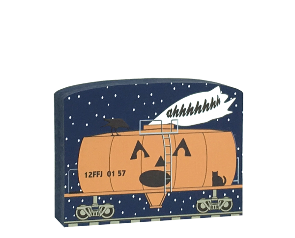 This Tanker Of Screams train car is part of a 5-piece Halloween train set. Handcrafted by The Cat’s Meow Village in Wooster, Ohio from ¾” thick wood to set on a bookshelf, mantel, windowsill, or the trim above your doorway.