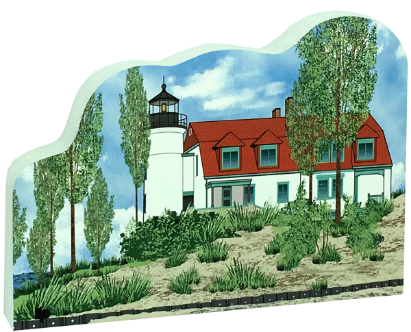 Replica of the Point Betsie lighthouse in Frankfort, MI, handcrafted in 3/4" thick wood by The Cat's Meow Village in Wooster, Ohio.