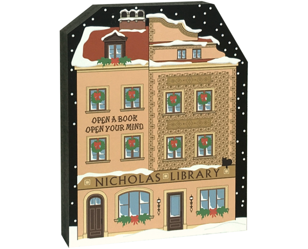 Satisfy your Christmas holiday decorating itch with this Nicholas Library, and while you're at it, add more pieces to make a Village! Handcrafted of 3/4" thick wood by The Cat's Meow Village in the USA.