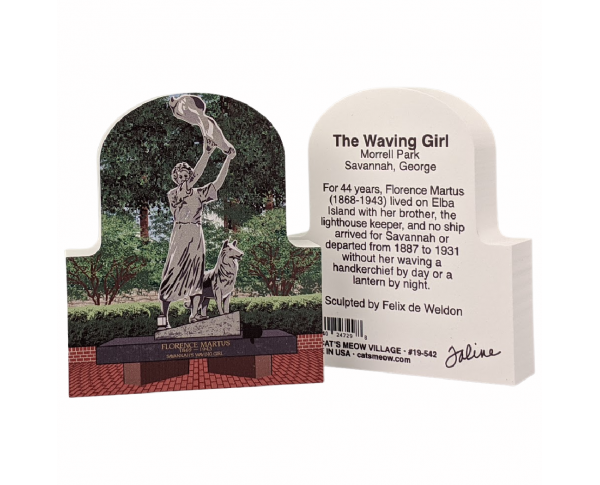 Front & Back of of the Waving Girl statue, Florence Martus, Savannah, Georgia.  Handcrafted by Cat's Meow Village, Wooster, Ohio.