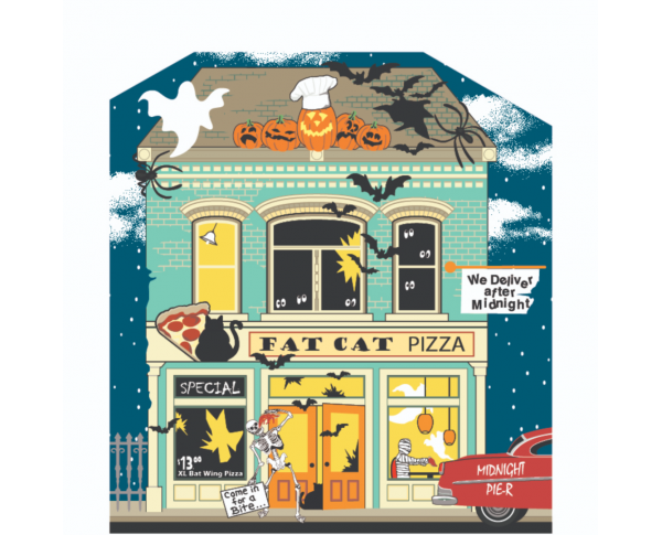 Add this Fat Cat Pizzeria to your Halloween decorations this year. Handcrafted of 3/4" thick wood in Wooster, Ohio by The Cat's Meow Village.