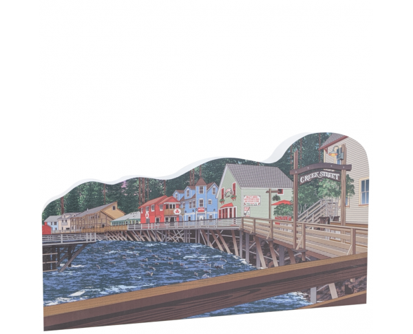Replica of the Boardwalk of Creek Street, Ketchikan, Alaska.  Handcrafted in 3/4" thick wood by The Cat's Meow Village in the USA.