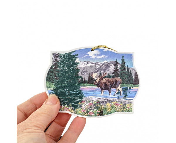 Detailed scene of moose as one of "The Big Five", Denali, Alaska, ornament.  Handcrafted in 3/4" thick wood by The Cat's Meow Village in the USA.