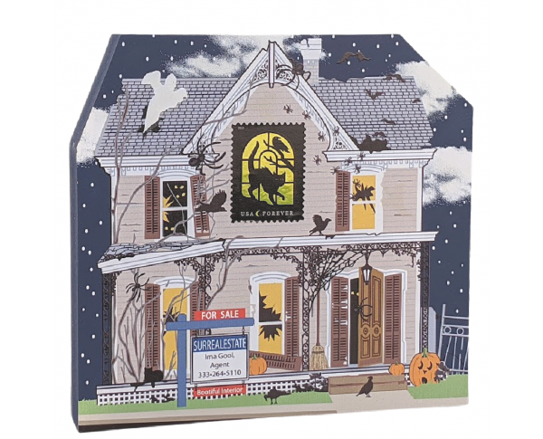 Are you in the market for a haunted house? The ghouls are ready to sell. It has a bootiful interior! Handcrafted of 3/4" thick wood by The Cat's Meow Village in Wooster, Ohio.