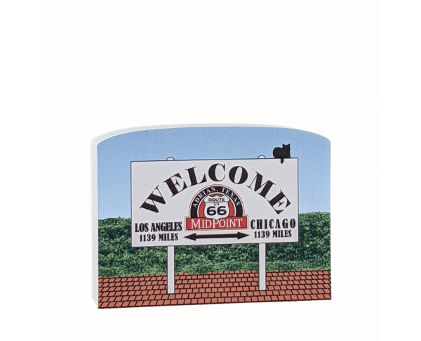Wooden souvenir of the midway point sign on Route 66 in Adrian, Texas. Handcrafted by The Cat's Meow Village in the USA.
