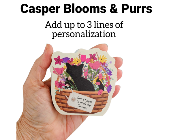 Casper Blooms & Purrs Basket, PURRsonalize Me! handcrafted in 3/4" thick wood by The Cat's Meow Village in Wooster, Ohio.