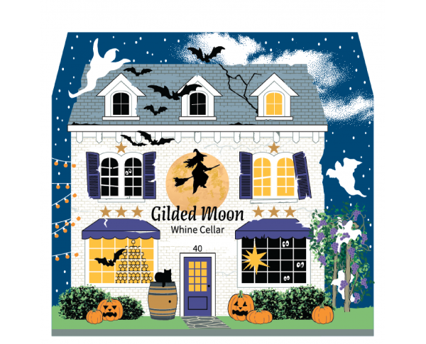 Wooden collectible of the Gilded Moon Whine Cellar handcrafted by The Cat's Meow Village in the USA.