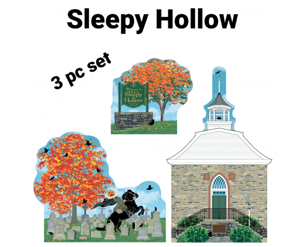 Wooden Sleepy Hollow, New York souvenirs to remember your trip to this Hudson River Valley town. Handcrafted by The Cat's Meow Village in the USA.