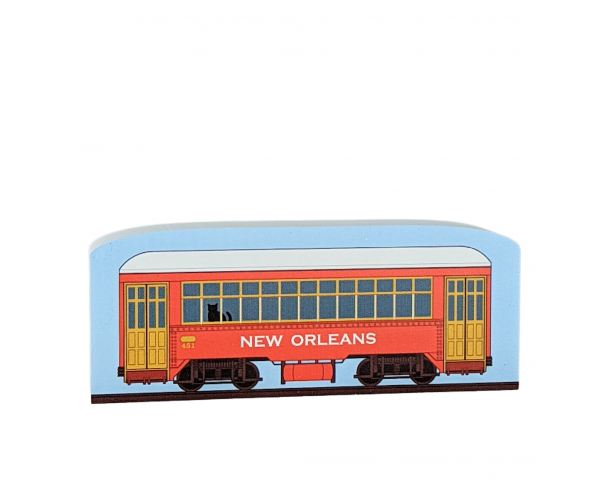 New Orleans street car in red. Handcrafted of 3/4" wood by The Cat's Meow Village in the USA.