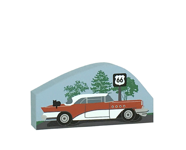 Get your kicks on Route 66 with our 3/4" thick wooden replica of a 1950s car cruising past a RT 66 sign. Handmade by The Cat's Meow Village in the USA.