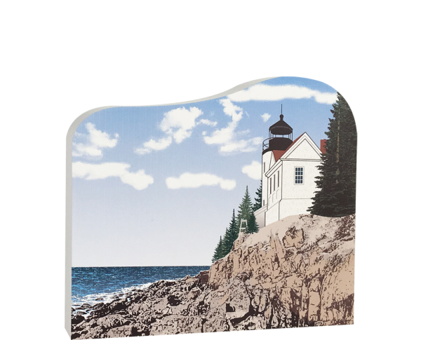 Bass Harbor Head Light Station in Acadia National Park, handcrafted in 3/4" thick wood with colorful details on the front and history on the back. Made by Cat's Meow Village in Wooster, Ohio.