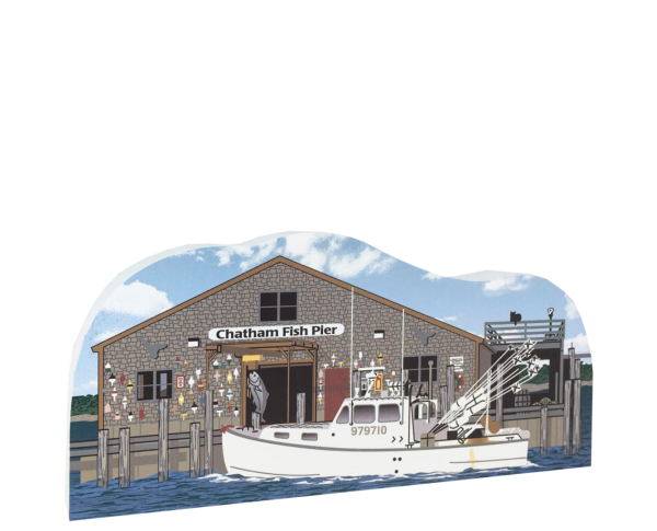 Wooden replica of Chatham Fish Pier in Chatham, Massachusetts. Handcrafted by The Cat's Meow Village in the USA.