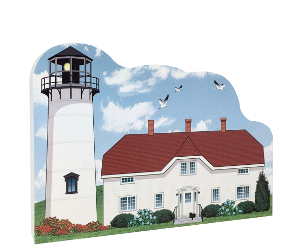 Replica of Chatham Lighthouse on Cape Cod, Massachusetts handcrafted in 3/4" thick wood by The Cat's Meow Village in the USA.