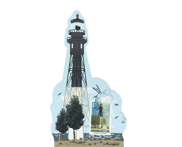 Hillsboro Inlet Lighthouse w/ USPS Lighthouse Stamp from Southeastern Lighthouse Series handcrafted from 3/4" thick wood by The Cat's Meow Village in the USA