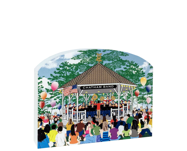 Replica of the Chatham Band Stand during a Friday night concert. Handcrafted in 3/4" thick wood by The Cat's Meow Village in the USA.
