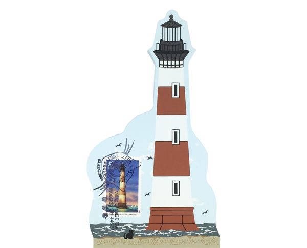 Morris Island Lighthouse w/ USPS Lighthouse Stamp from Southeastern Lighthouse Series handcrafted from 3/4" thick wood by The Cat's Meow Village in the USA