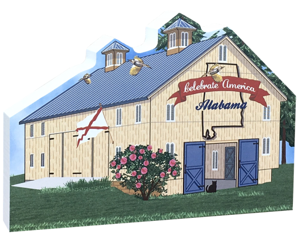 Show your state pride with this Alabama state barn. We've included all the state symbols within the design. Handcrafted by The Cat's Meow Village in the USA.