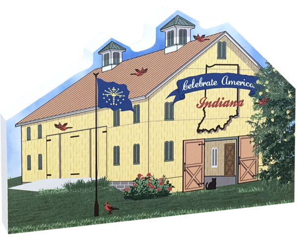 Show your state pride with this Indiana state barn. We've included all the state symbols within the design. Handcrafted by The Cat's Meow Village in the USA.
