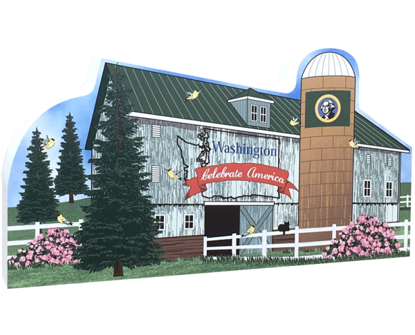 Show your state pride with this Washington state barn. We've included all the state symbols within the design. Handcrafted by The Cat's Meow Village in the USA.