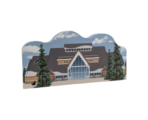 Wooden replica of Old Faithful Visitor Center, Yellowstone National Park, Wyoming. Add it to your home decor to remind you of your trip to Yellowstone. Handcrafted by The Cat's Meow Village in the USA.