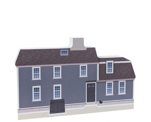Front of a replica of the Narbonne House, Salem, MA handcrafted in 3/4" thick wood by The Cat's Meow Village in the USA.
