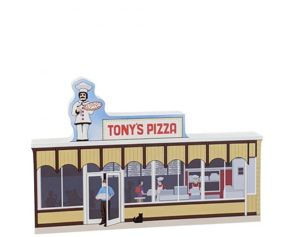 Tony's Pizza handcrafted in 3/4" thick wood by the Cat's Meow Village in the USA.