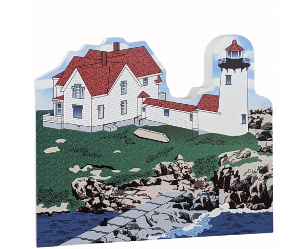 Wooden replica of Eastern Point Lighthouse, Gloucester, Massachusetts handcrafted by The Cat's Meow Village in the USA.