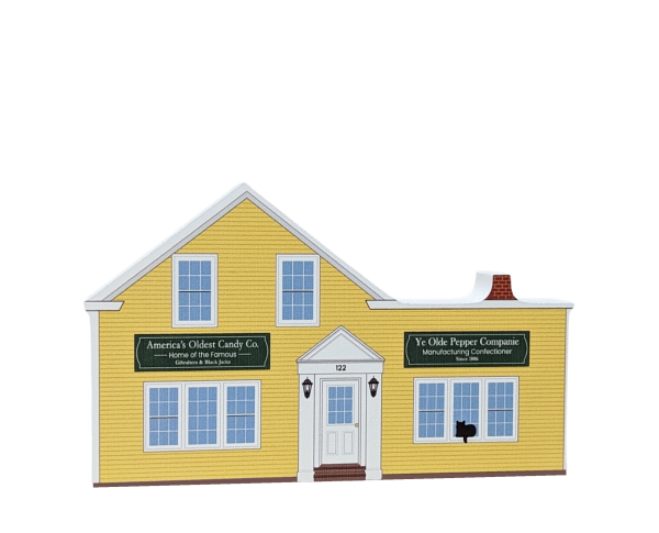 Wooden replica of Ye Olde Candy Shoppe, Salem, Massachusetts handcrafted by The Cat's Meow Village in the USA.