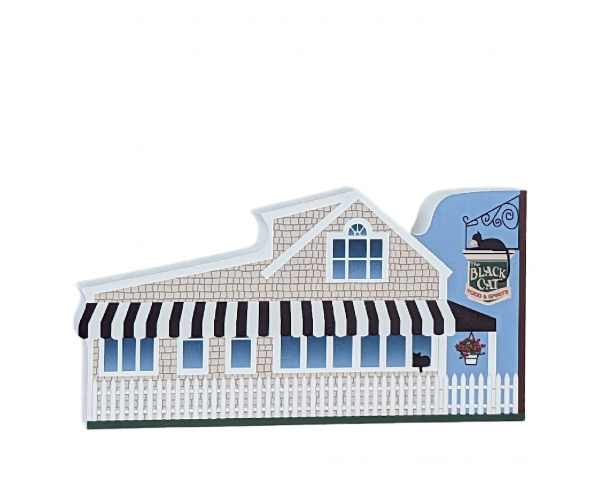 Wooden replica of Black Cat Tavern, Hyannis, MA, Cape Cod. Handcrafted in the USA by The Cat's Meow Village.