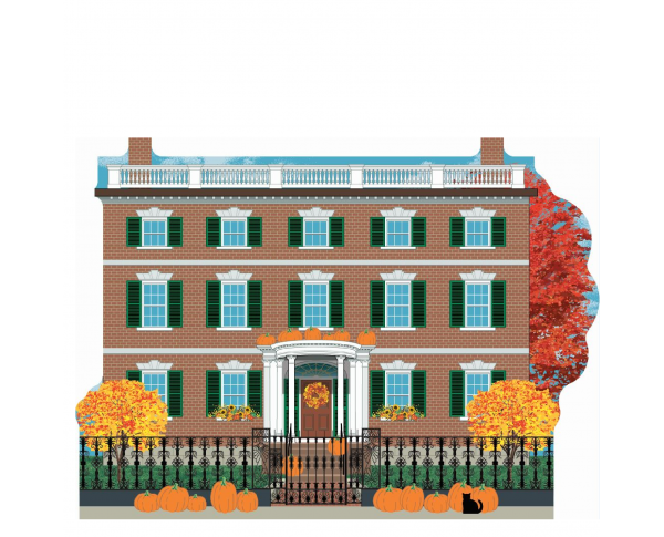 Wooden replica of the Peabody Essex Gardner-Pingree House decorated in Fall / Halloween decor. Handcrafted by The Cat's Meow Village in the USA.