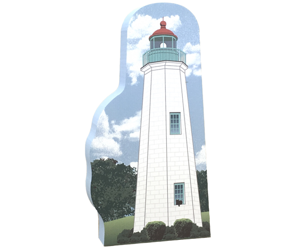 Handcrafted 3/4" thick wooden replica of Old Point Comfort Lighthouse, Ft. Morgan VA. Made in the USA by The Cat's Meow Village.