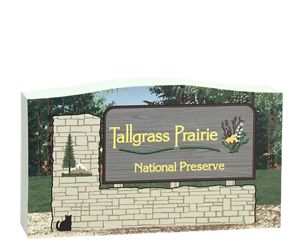 Wooden replica of Tallgrass Prairie National Preserve sign in the Flint Hills region of Kansas. Handcrafted by The Cat's Meow Village in the USA.