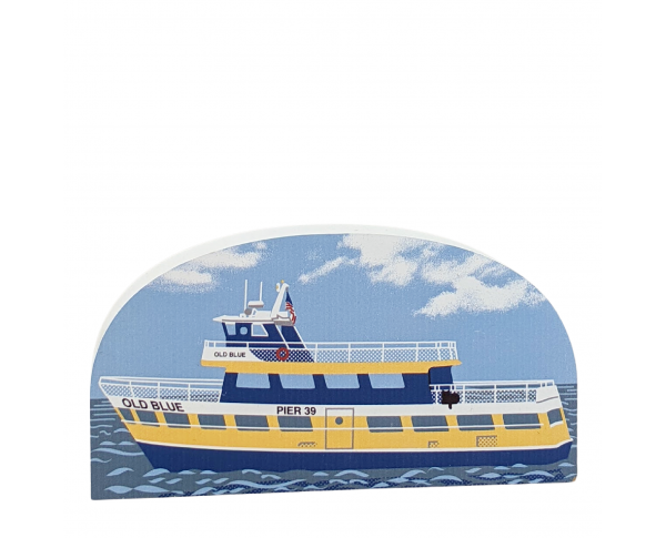 The "Old Blue" Ferry Boat in San Francisco, CA. handcrafted in 3/4" wood by the Cat's Meow Village in the USA.