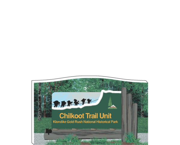Detailed replica of the Chilkoot Trail Unit Sign, Call of the Wild, Alaska, handcrafted in the USA 3/4" thick wood by Cat’s Meow Village.