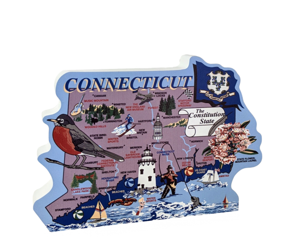 Show your state pride with a state map of Connecticut handcrafted in wood by The Cat's Meow Village